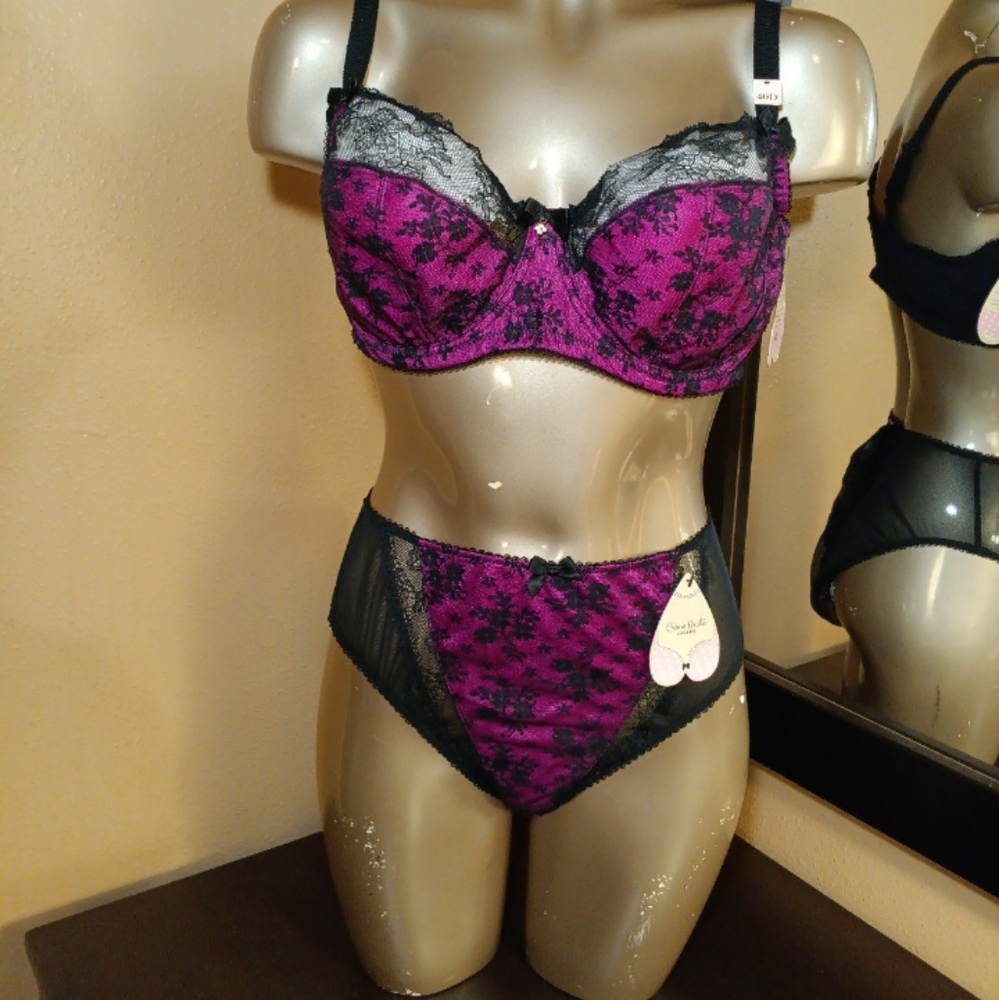 LINGERIE SET Creme Bralee 40D Bra and Panties (9) FUCHSIA PINK Lace Sheer Mesh